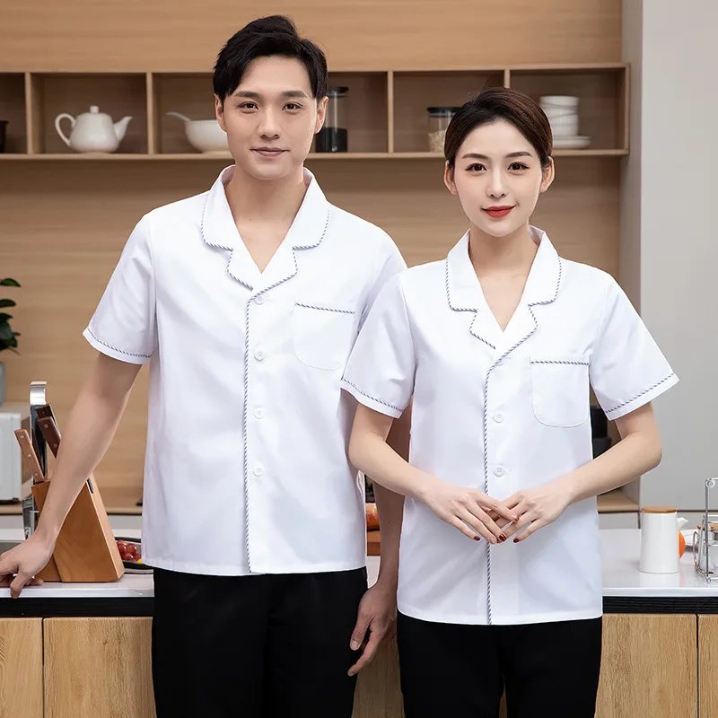 Veste de Chef d'été à manches courtes pour femmes, respirante, col rabattu, vêtements de travail de Chef, uniforme de cuisine de cantine, restauration, travail d'hôtel