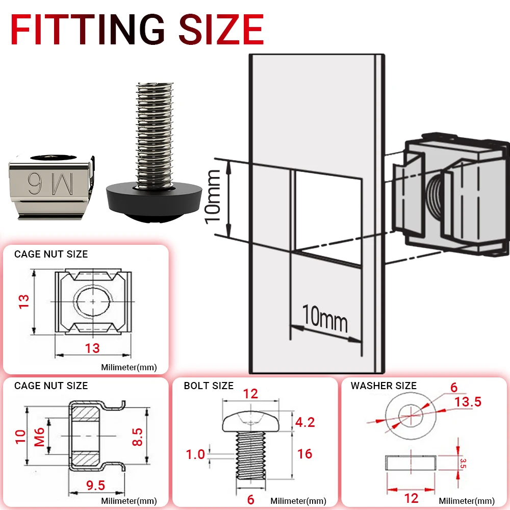 AMPCOM M6 x 16mm Rack Mount Cage Nuts, Screws and Washers for Rack Mount Server Cabinet, Rack Mount Server Shelves, Routers