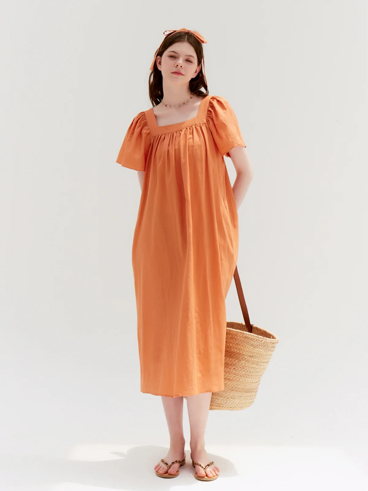 

Summer New Women's Long Dr Comfortable Lightweight Loose Linen Texture Square Collar A-Line Skirt ort Sve Gown
