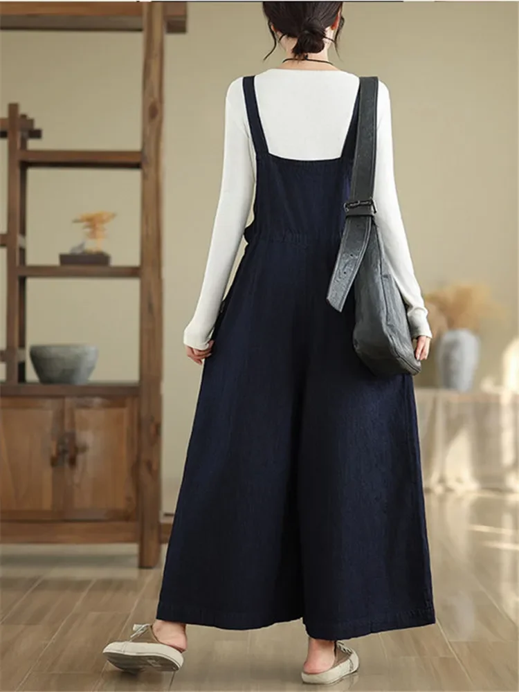 

Literary Denim Jumpsuits Women Solid Wide Leg Pants High Street Oversized Casual Romper Vintage One Piece Outfit Female Clothing