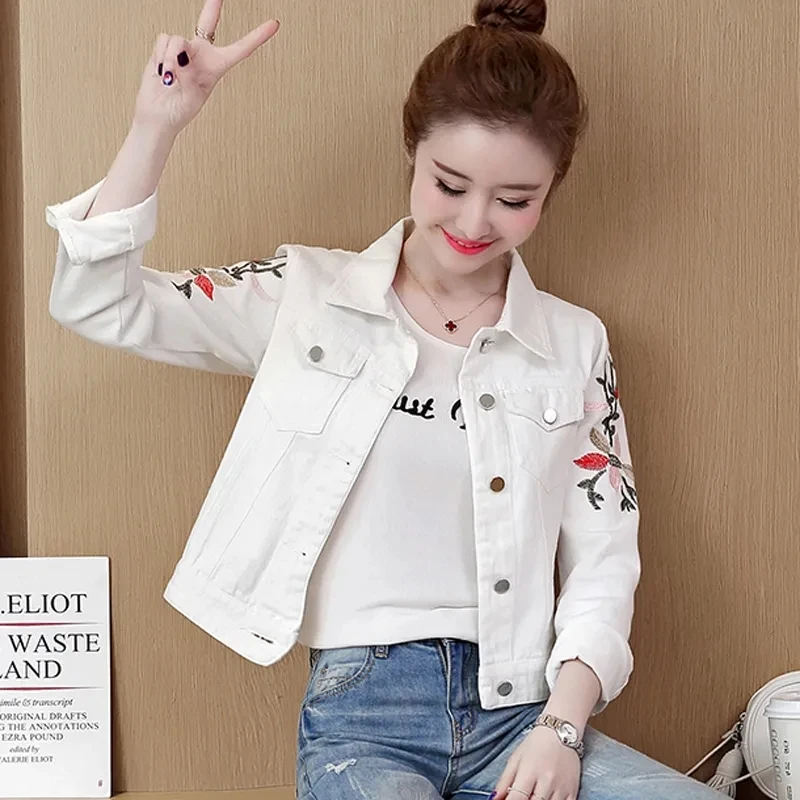 Embroidered Flowers Denim Jacket Coat Spring Autumn Women's Short New Outerwear Korean Version Long Sleeve Slim Jeans Jacket Top