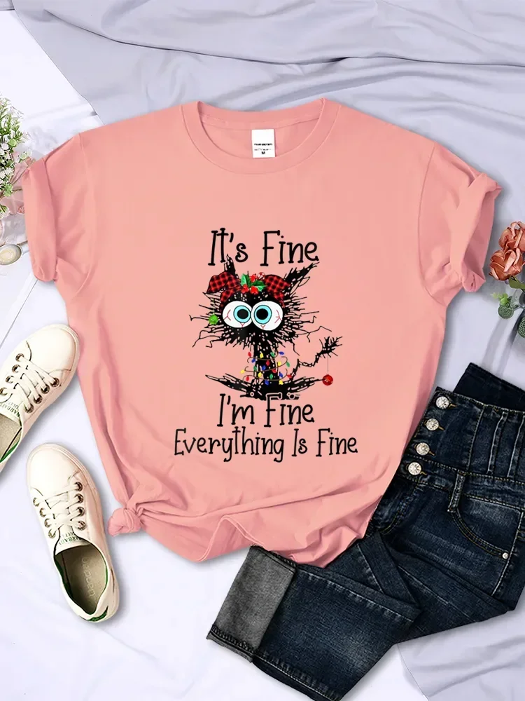 Fashion Trend Women T-shirt Its Fine I'm Fine Everything Is Fine Cats Graphic Female Tops Christmas Kittens Ladies  Leisure Tees