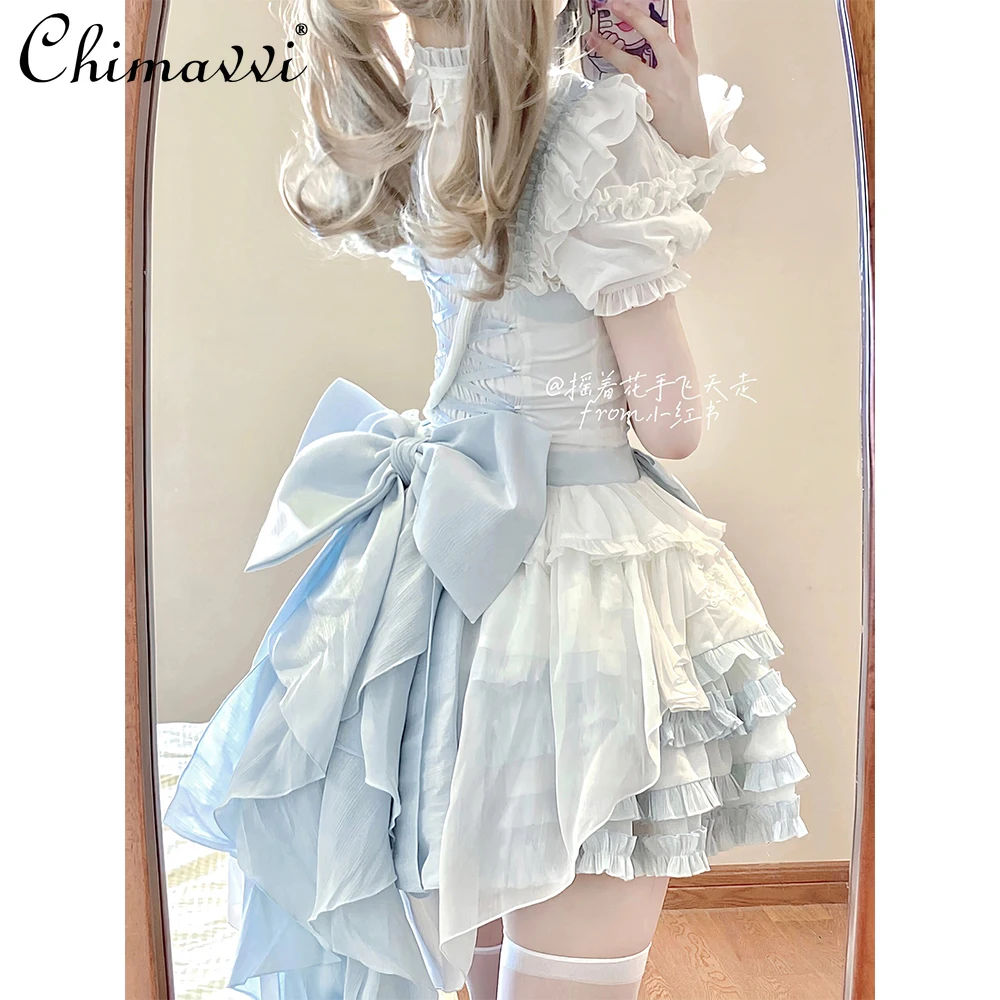 Blue and White Sweet Song-Promotion Costume Lolita Dress Sets 2024 Summer Cute Lolita Lace Inner Wear Girl Bow Princess Dress