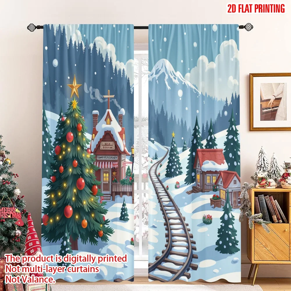 

2pcs 2D flat printing Christmas Party Curtain Christmas Village Train Scene_b Fabric Without Electricity Birthday Party Use for