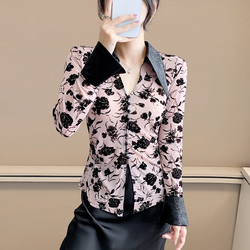 Stylowa bluzka polo damska: eleganckie koszulki z długim rękawem, z siateczki flokowanej, z falbankami, wyszczuplające i szykowne, idealne na wiosnę i jesień.