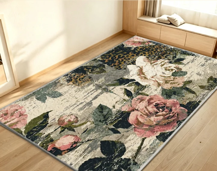 Vintage Rose Leopard Patchwork Area Rug Pink Green Distressed Non‑Slip Carpet Floor Mat for Living Room Bedroom Home Decor