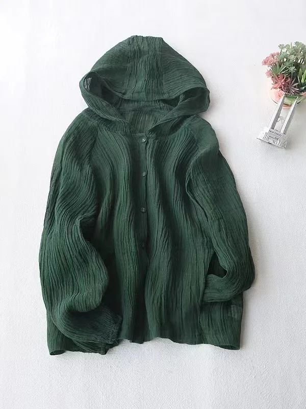 Dames mince lin à capuche Jaet coupe ample confortable chapeau irt femmes vêtements d'extérieur d'été longue Sve couleur Pure coréen Sle