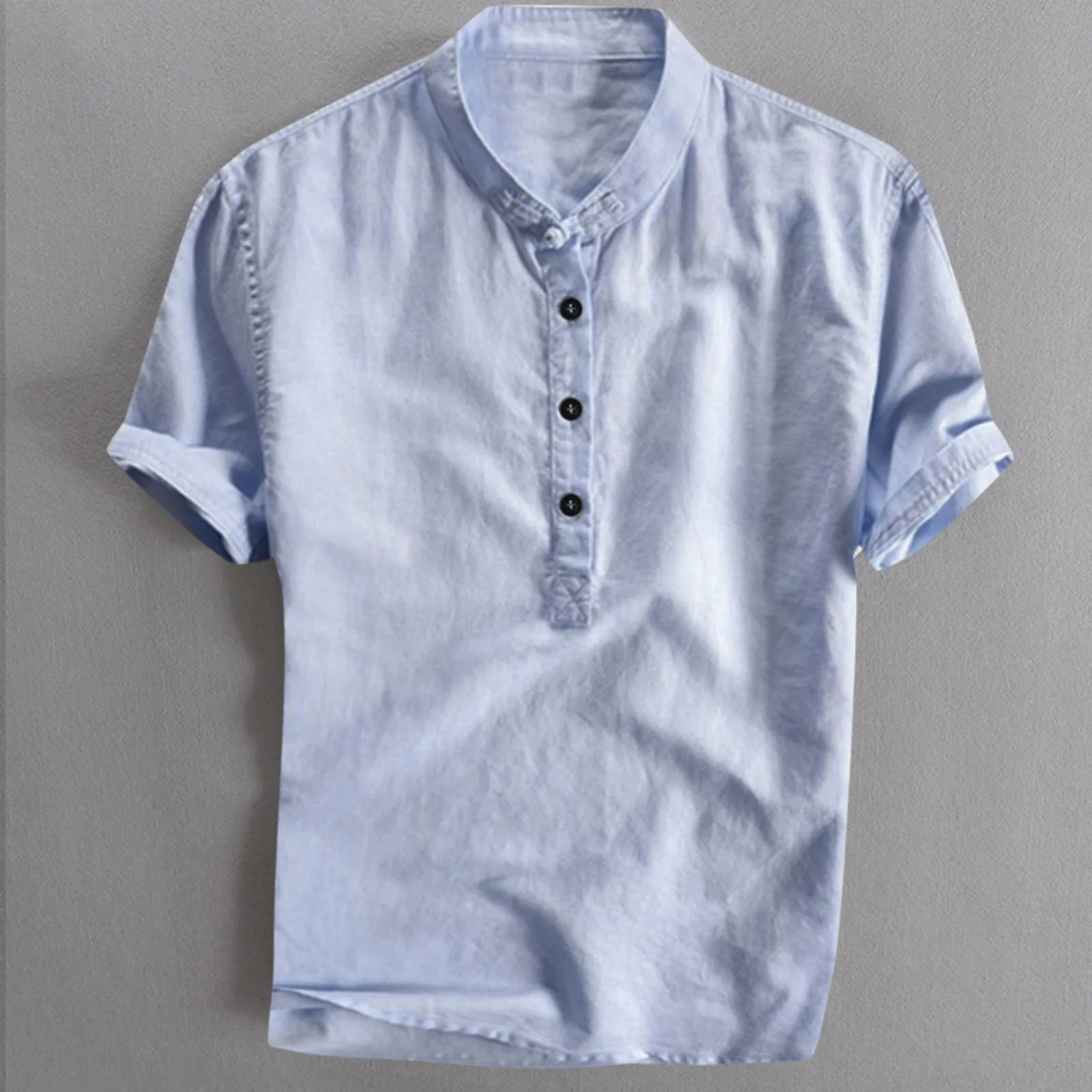 Casual Shirts Cotton Linen Breathable Shirts for Men Lightweight Short Sleeve Standing Collar Solid Color Loose Men\'s Blouses