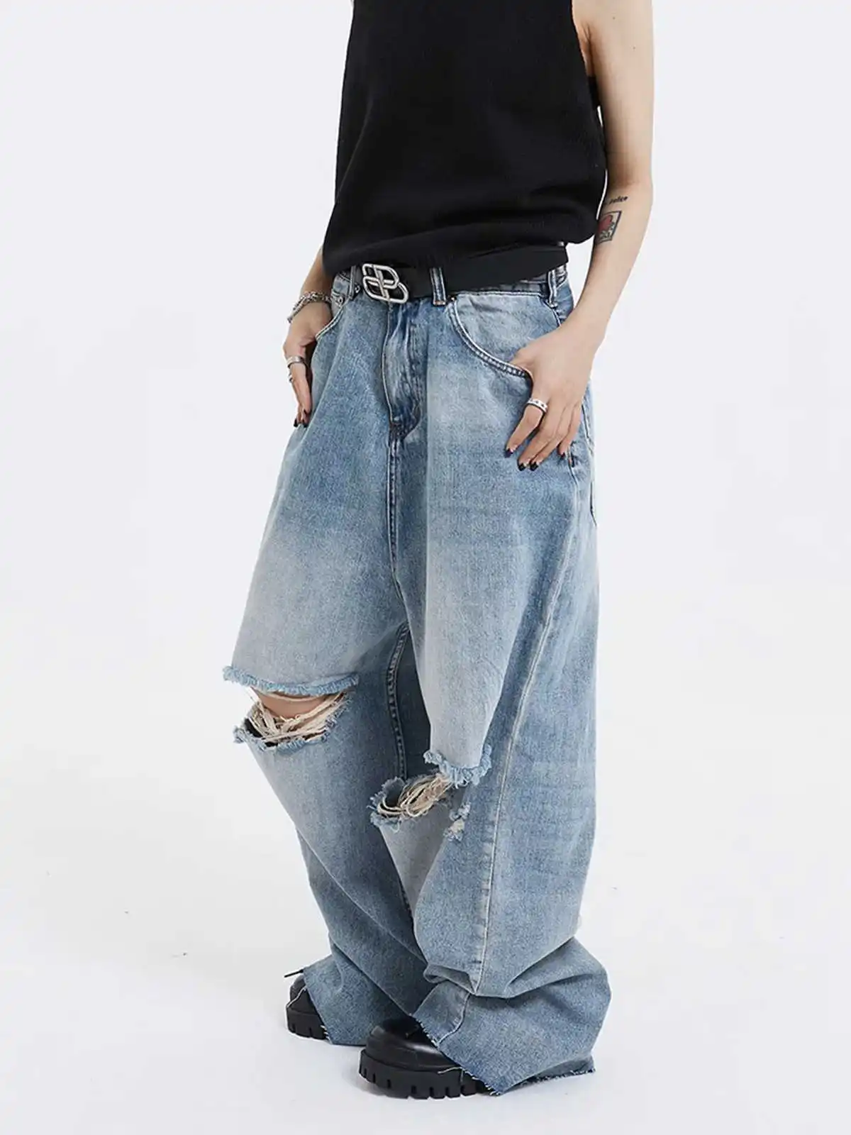 

Women's Light Blue Y2k Baggy Ripped Jeans Harajuku 90s Vintage Oversize Denim Trouser Japanese 2000s Style Boyfriend Jeans Pants