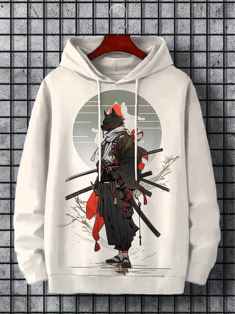Samurai Men\'s Hoodie Print Y2k Sweatshirt Harajuku Hooded Shirt Pullover Casual Oversized Long Sleeve Sport Top Men\'s Clothing