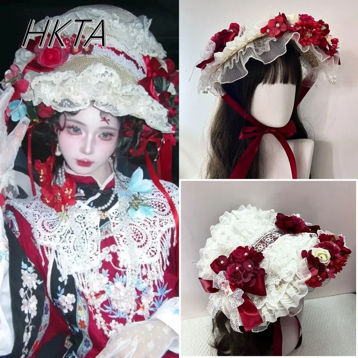 Original eclético morango pastoral lolita chapéus feminino meninas foto-pronto rpg lolita bnt chapéu doce floral palha boné
