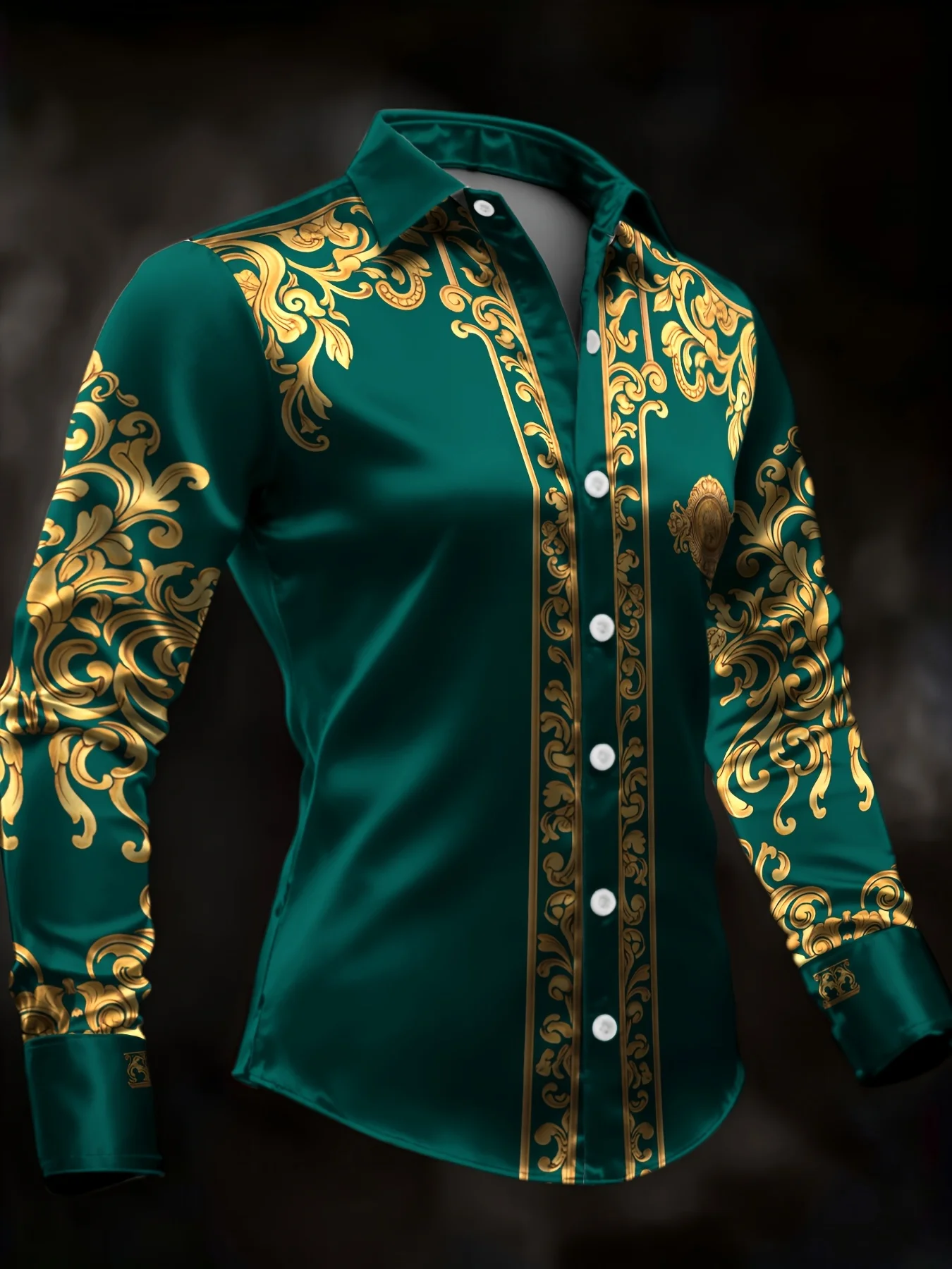 Trendy Men Button‑Up Shirt Elegant Dark‑Green Gold Baroque Vine Scroll Trim Art Print Polyester Banquet Evening