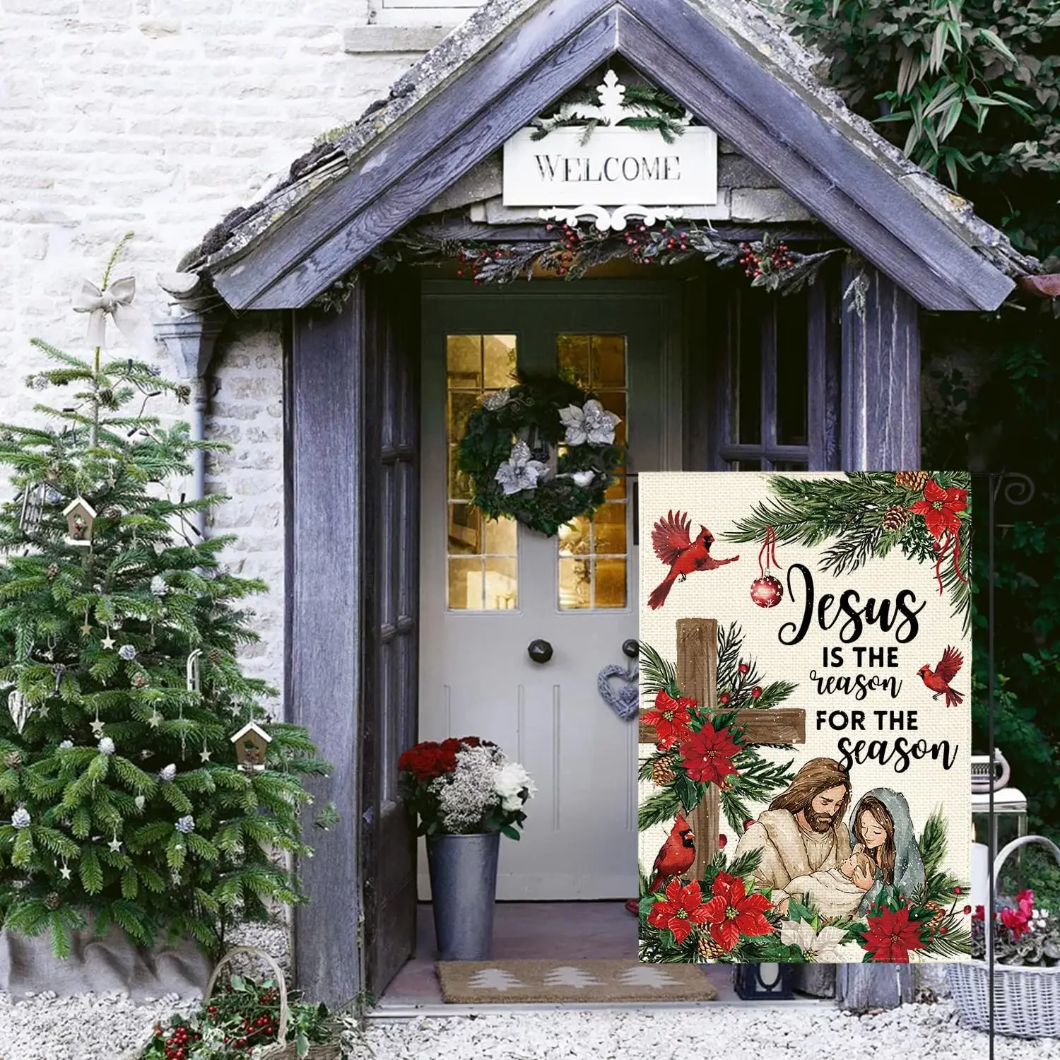 AVOIN colorlife يسوع هو سبب الموسم حديقة العلم 12x18 بوصة مزدوجة الجوانب في الخارج، عيد الميلاد المهد الشتاء Ho KZA