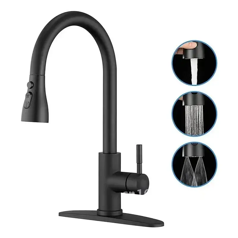 Kitchen Faucet Hot and Cold Rotatable 304 Stainless Steel Retractable Baseplate with Piping Pull-out Vegetable Basin Sink Faucet