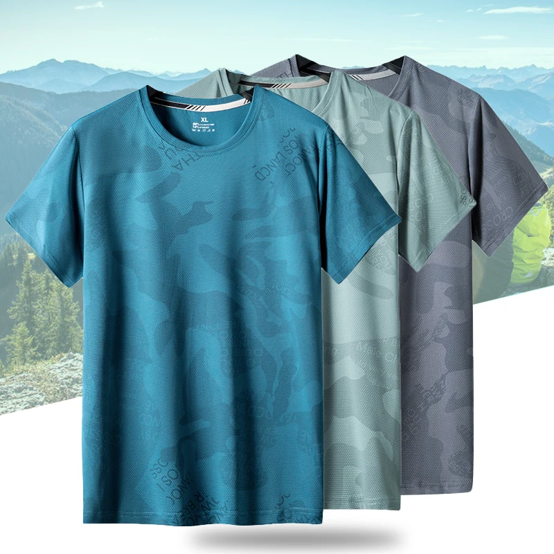 (L-8XL) Männer Camping Wandern T-Shirt leichte Eis Seide Camo Angeln Kurzarm T-Shirt schnell trocknen Sommer Fitness Tops