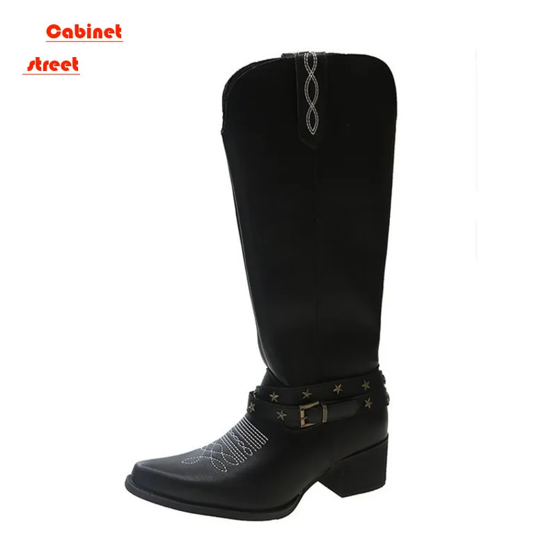 

Vintage Embroidered Western Cowboy Boots Women Autumn Winter 2024 Plus Size Tall Knight Pointed Chunky Heels Knee High Shoes