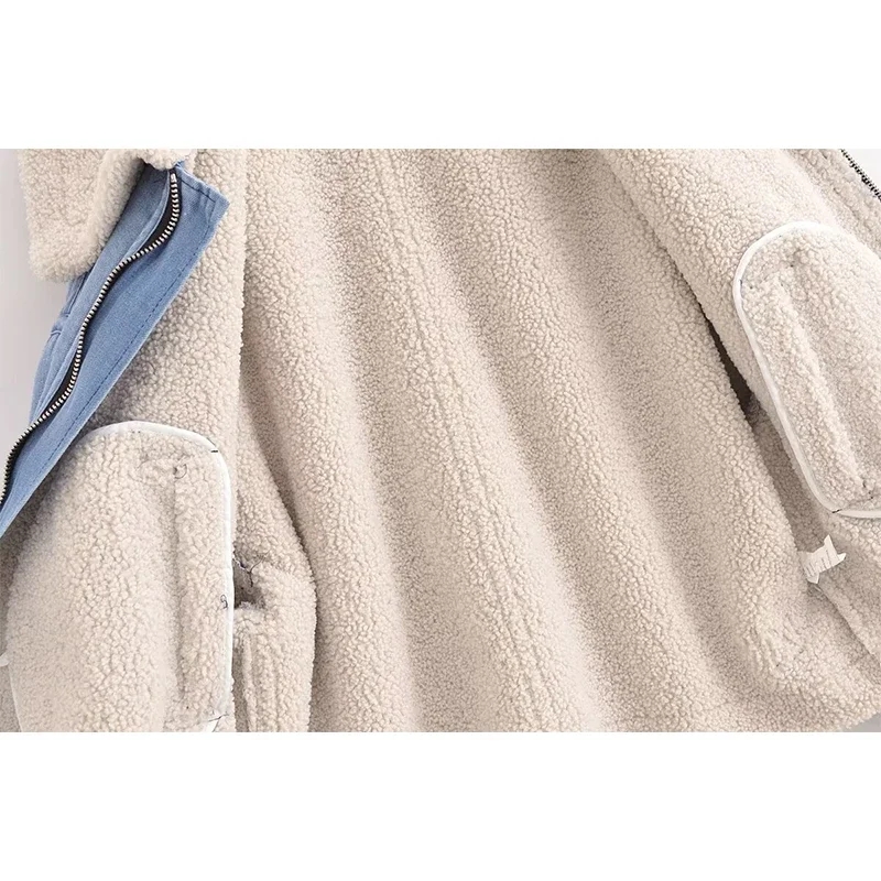 2025 Fashion High Quality Women Blue Denim Thick Lambswool Jacket Coat Casual Zipper Winter Warm Outerwear Tops Female