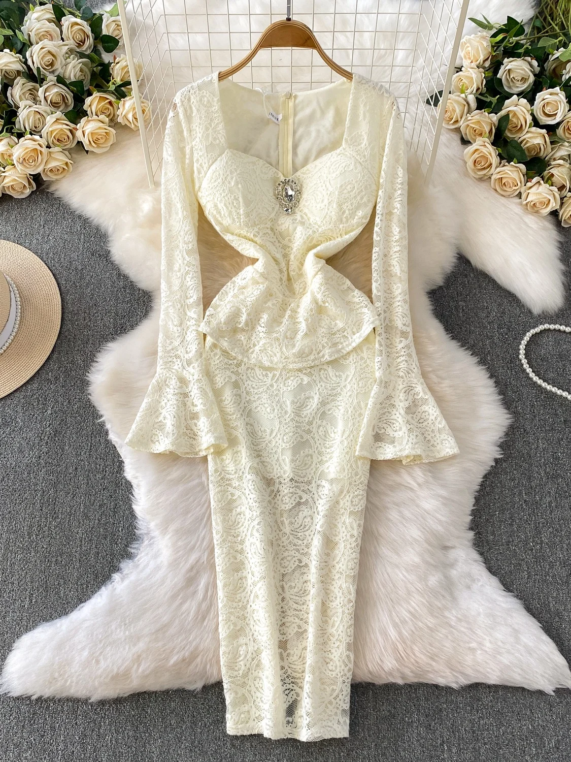 

Sexy Lace Trim Bell Sve Dr Women's High Waist Slim Fit Long Skirt Square Collar Anti Pilling a Line Silhouette Dr