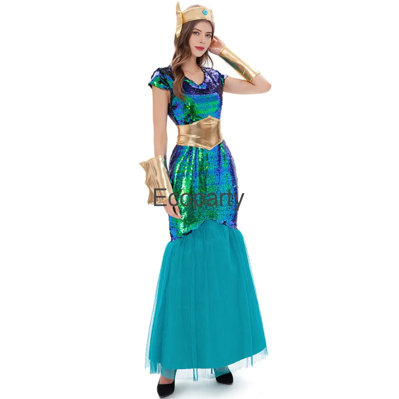 Women Sea Siren Mermaid Queen Costume Men's King Poseidon Cosplay Costumes Halloween Purim Carnival Fantasia Dress Up For Adult