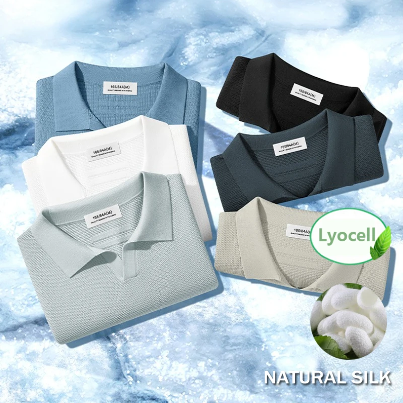 Men's Silk Lyocell Blended Short Sleeve Polo Shirts Knitted Breathable Mesh Tshirt Summer Comfort Casual Men Clothing T-shirts