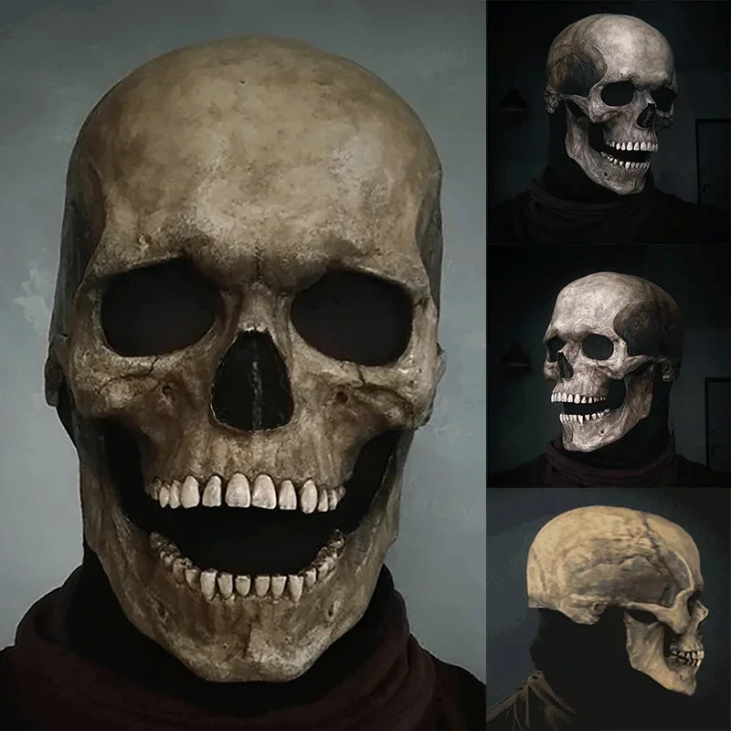 Máscara de calavera de cabeza completa para Halloween, esqueleto aterrador 3D, máscara de terror, boca, mandíbula móvil, accesorios de disfraz para