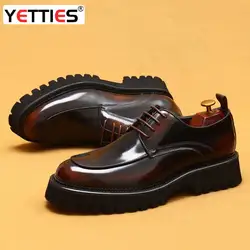 designer men's leather shoes with thick soles round toe glossy leather business dress shoes Waxed cowhide lace up British shoes