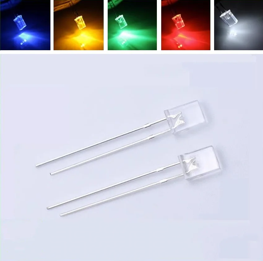사각형 LED 투명 램프, 흰색 조명, 녹색, 파란색, 빨간색, 노란색, 투명 사각형 상단, 2x5x7mm, 2x3x4mm, 100 개