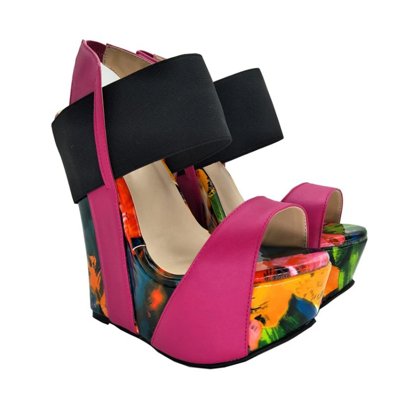 

Summer Sexy Super Floral Platform Wedge High Heels Sandals Fuchsia Suede Patchwork Thick Band Woman Beach Bohemia Dress Shoes