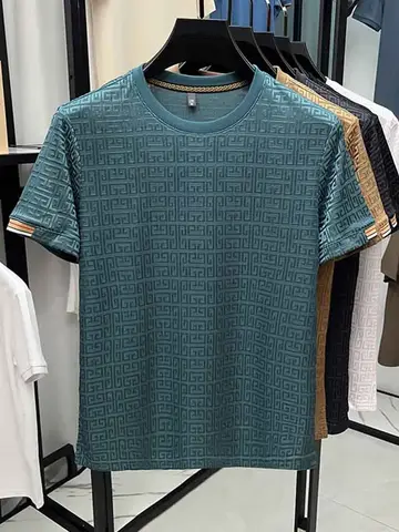 2025 New Men's Fashionable Jacquard Short Sleeved Round Neck T-shirt Casual and Comfortable All Season Versatile Top