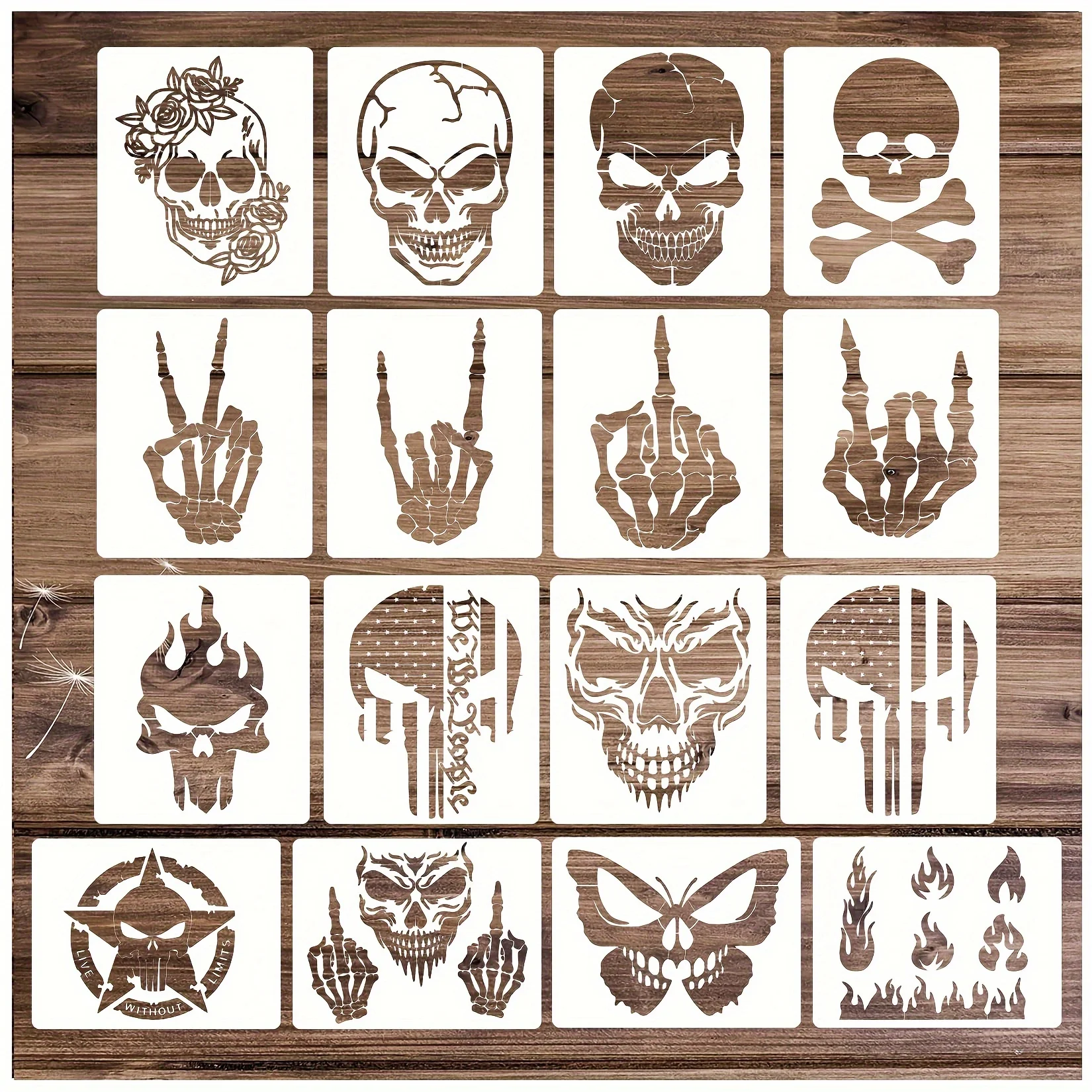 16 Stück 5 x 6 Zoll Totenkopf-Feuer-Schablonen zum Malen von Holz, wiederverwendbare Kunststoff-Vorlagen für Wand-Leinwand, Halloween-Dekoration
