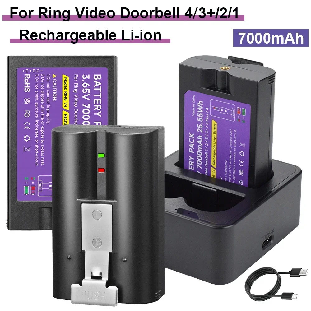 Batería de iones de litio de 7000mAh para timbre de vídeo 4 3 Plus batería de 3,6 V para Ring-Video 3 2 1 para cámara de foco Solar + cargador rápido