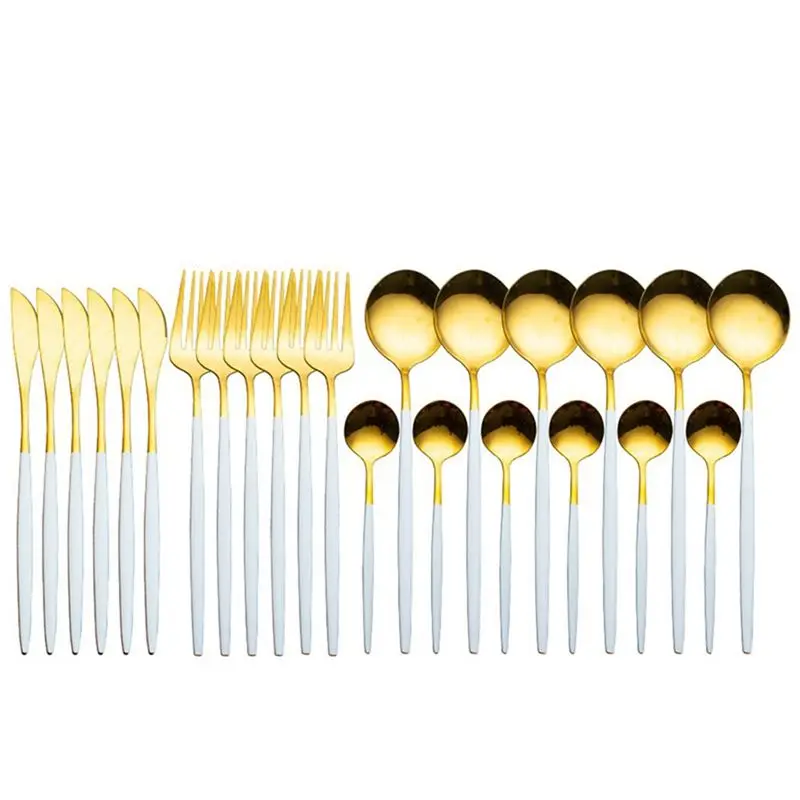 

AA73 24Pcs Stainless Steel Dinnerware Set Cutlery Spoon Fork Knife Western Cutleri Silverware Flatware High Guality ,White-Gold