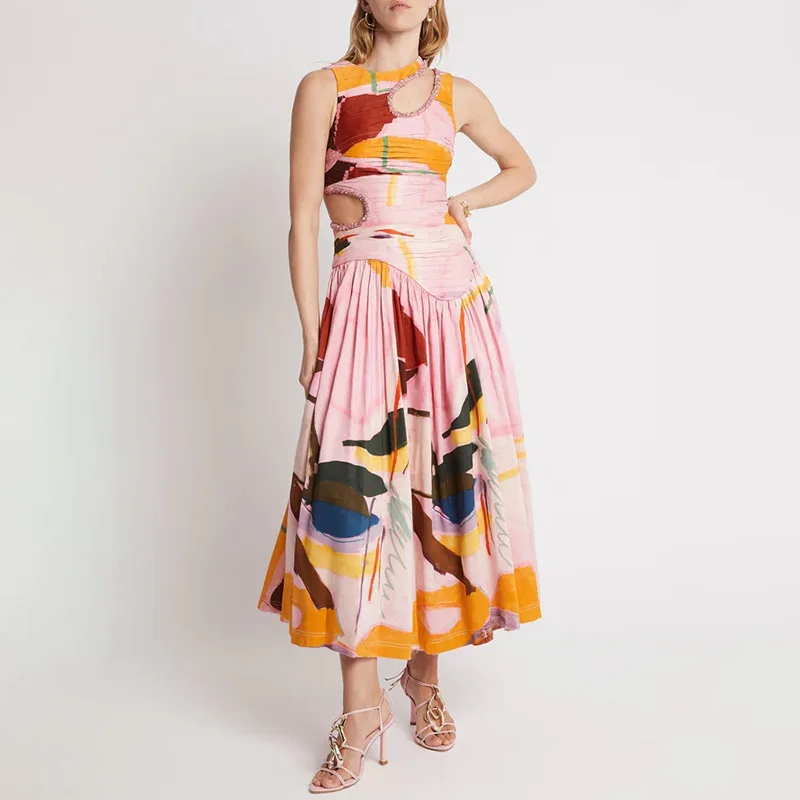 

Elegant and Graceful Waist-Cinching Slimming Long Dress2025Summer New Sleeveless Design Hollow Print Dress Women