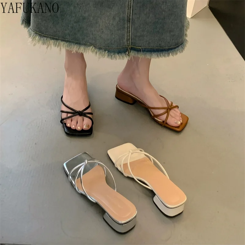 Knot Detail Open Toe Gladiator Sandals Luxury Women Slippers Fashion Narrow Band Chunky Heel Shoes Ladies Party Dress Sandalias