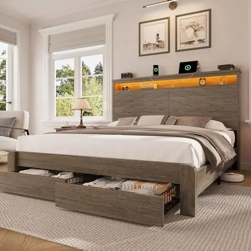 King Size Wooden Platform Bed Frame with Headboard,Brown | 2 Storage Drawers, LED Lights & Charging Station, Easy