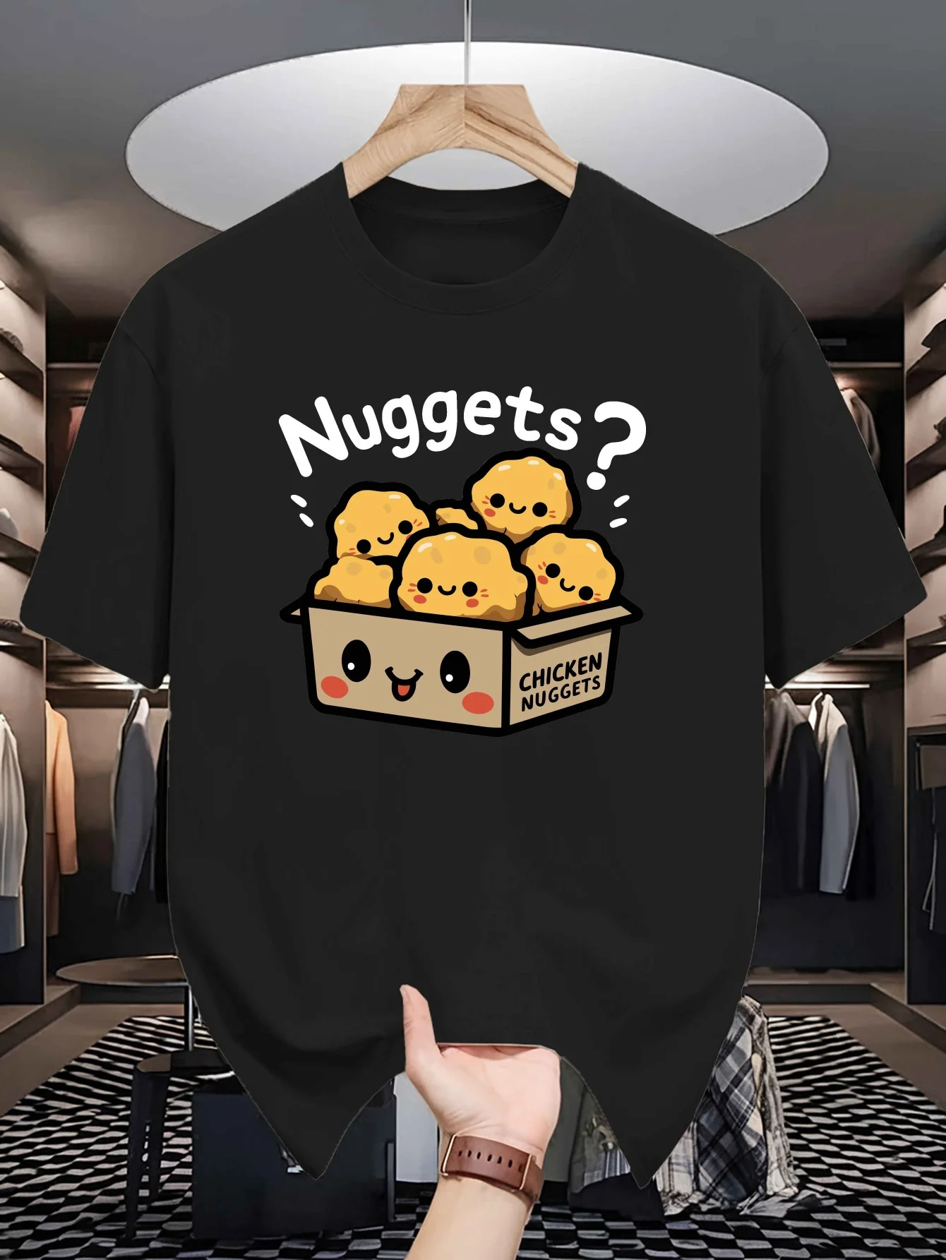 Men Crew Neck Short‑Sleeve T‑Shirt, Cute Chicken Nuggets Cartoon Graphic Print,100% Cotton Loose Summer Casual Streetwear Tops