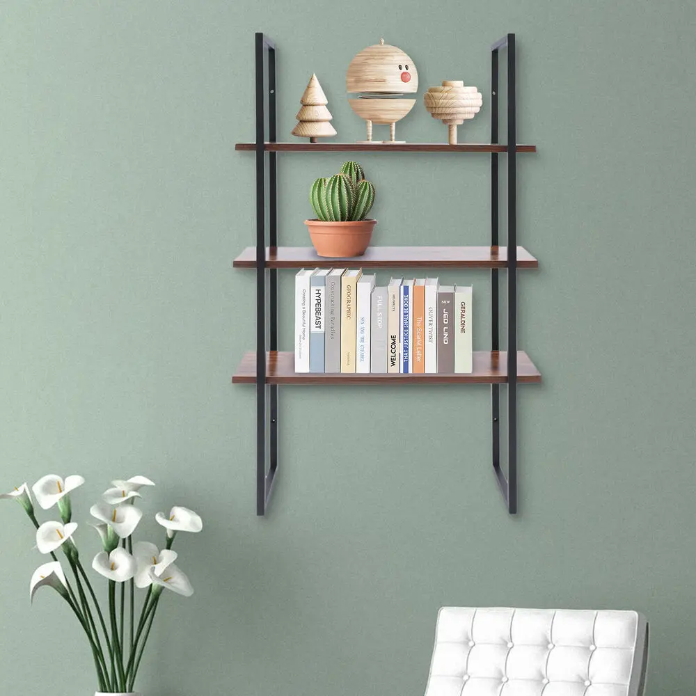 3-Tier Wall Mounted Shelf Durable Organzier Bookshelf Shelf Wood+Metal Rack