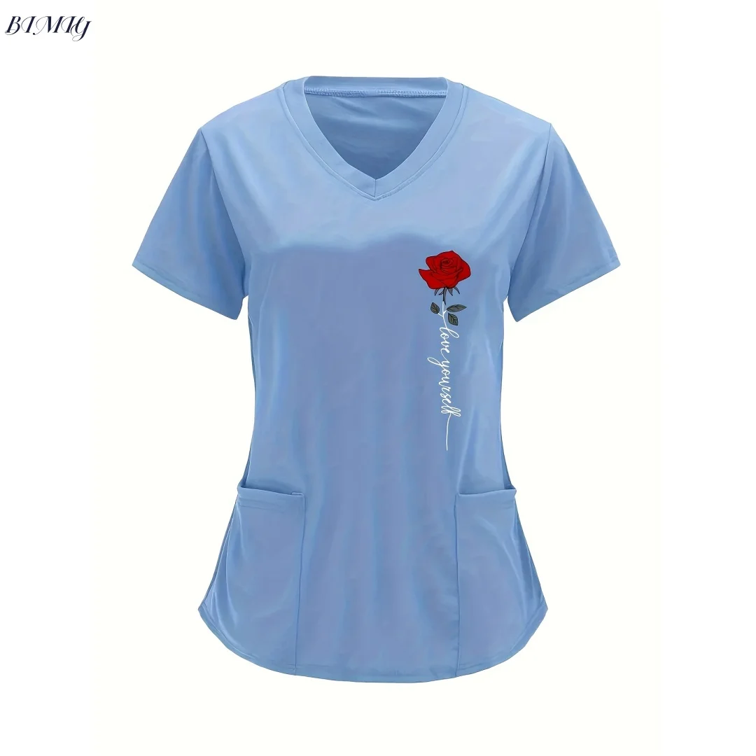 Esfoliantes uniformes médicos mulher topo moda com decote em v manga curta topos bolso roupas de trabalho camisetas blusa camisa atlética feminina