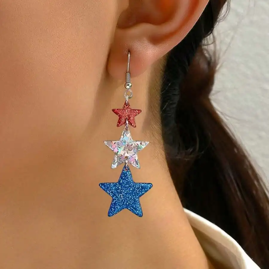 

Triple-Stacked Star Earrings: Red Glitter, Iridescent, Blue Sparkle—Casual & Patriotic Event Jewelry For Women
