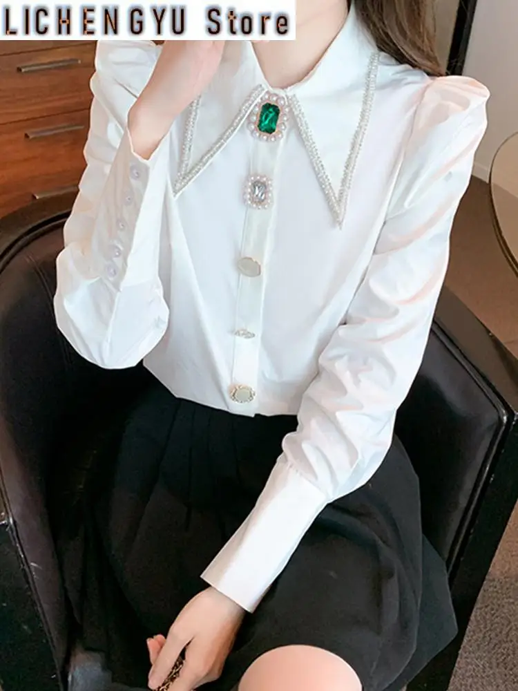 

New Autumn Luxury Beaded Diamond Blouse Shirt For Women's Long Sleeve Versatile White Elegant Top