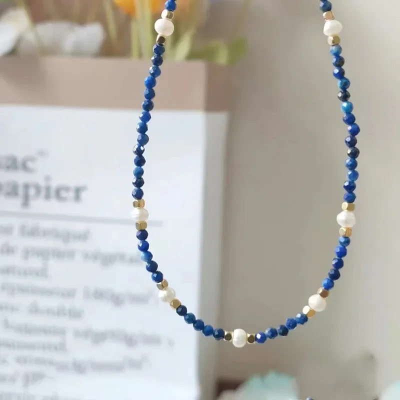 Minar Dainty Navy Blue Lapis Lazuli Natural Stone Freshwater Pearl Beaded Necklace Women\'s 14K Gold Plated Copper Strand Choker