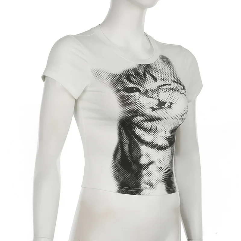 T-Shirt mit Wildkatzenmuster, niedrigem Pixel-Aufdruck, Rundhalsausschnitt, kurzen Ärmeln, Retro-Stil, vielseitig kombinierbar, figurbetontes, kurzes Oberteil – Detail 10