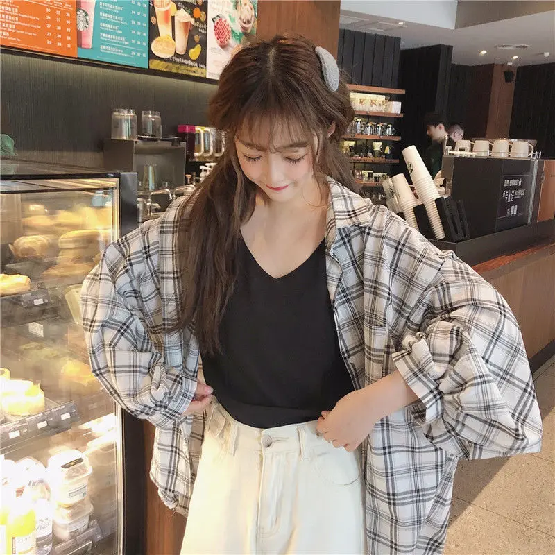 Women Shirts Long Sleeve Spring Turn-down Collar Plaid Korean Style Sunproof Chic Girls Outerwear All-match Loose Breathable