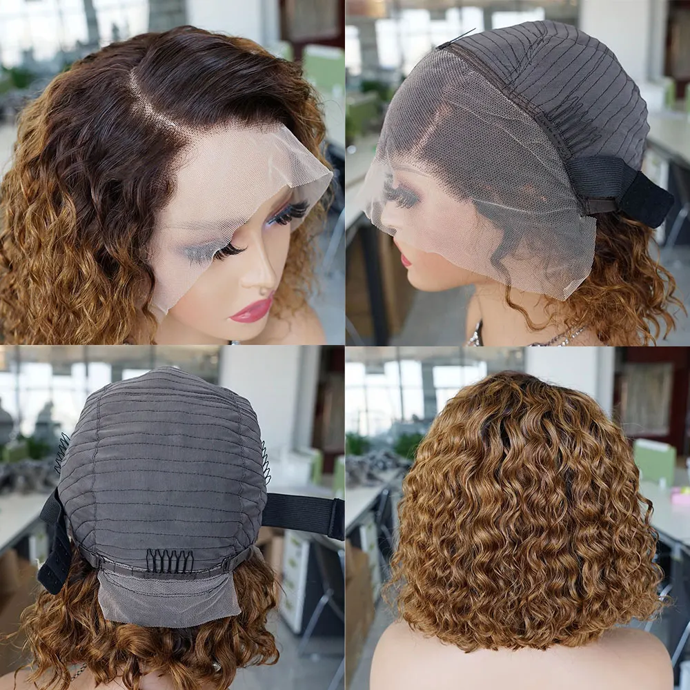 T430 Ombre Bruin Kort Krullend Bob Pruik 13x4 Kant Frontale Menselijk Haar Pruik Diepe Golf Bob Pruik Preplucked Braziliaanse remy Haar