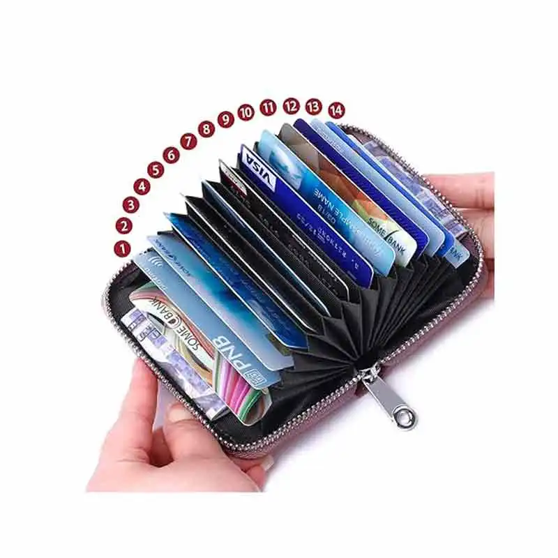 LW031 dompet kartu kredit pria dan wanita, dompet kartu kecil ritsleting kulit asli RFID