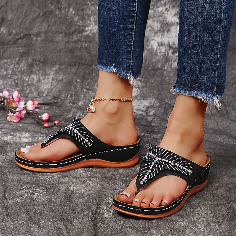 Rimocy Thick Bottom Crystal Flip Flops Women Summer Clip Toe Med Heels Platform Slippers Woman Comfortable Beach Shoes Slides