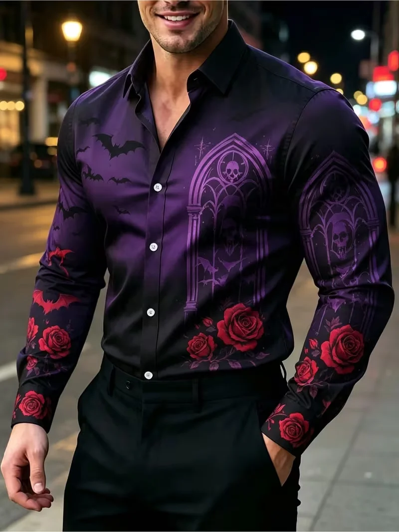New purple black gothic style vampire church bat red rose men's long sleeved shirt Halloween collar slim fit shirt