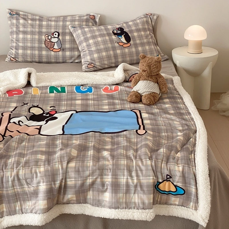 

Pingu Penguin Blanket Weave Plaid Faux Lamb Wool Warm Cute Autumn Winter Cartoon Anime Peripheral Gifts Practical Home Decor