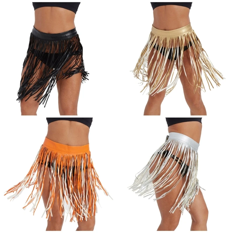 

Womens Punk Faux Leather Belt Skirts PU Fringed Tassels High Waist Solid Color Mini Skirts Party Costume Clubwear