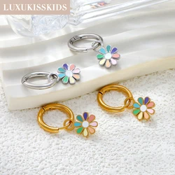 LUXUKISSKIDS Romantic Daisy Drop Pendients for Woman/Girls Stainless Steel Colorful Flower Charm Cute Dangle Round Earrings Clip